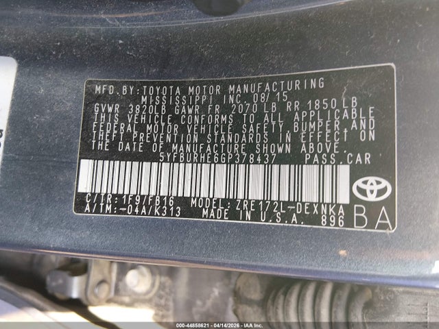 Aukcja sprzedaży 2016 Toyota Corolla Le, vin: 5YFBURHE6GP378437, numer aukcji: 44858621