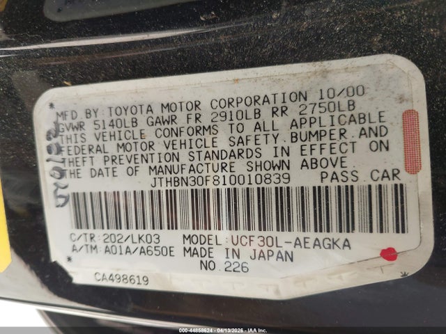 44858624 :رقم المزاد ، JTHBN30F810010839 vin ، 2001 Lexus Ls 430 مزاد بيع