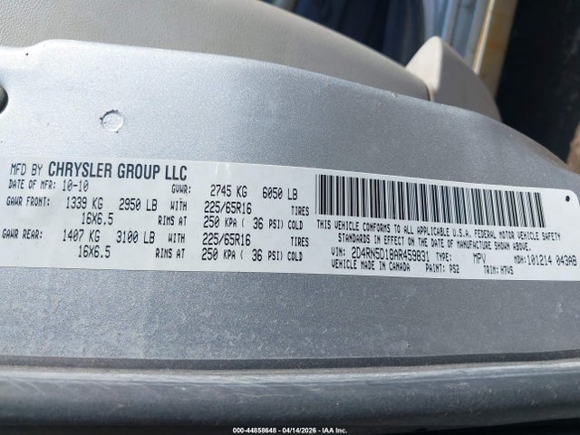 2010 Dodge Grand Caravan Sxt მანქანა იყიდება აუქციონზე, vin: 2D4RN5D18AR459831, აუქციონის ნომერი: 44858648