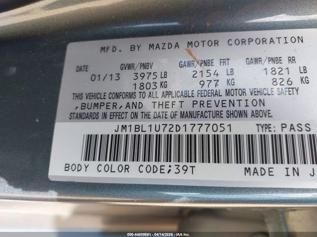 44858661 :رقم المزاد ، JM1BL1U72D1777051 vin ، 2013 Mazda Mazda3 I Sport مزاد بيع