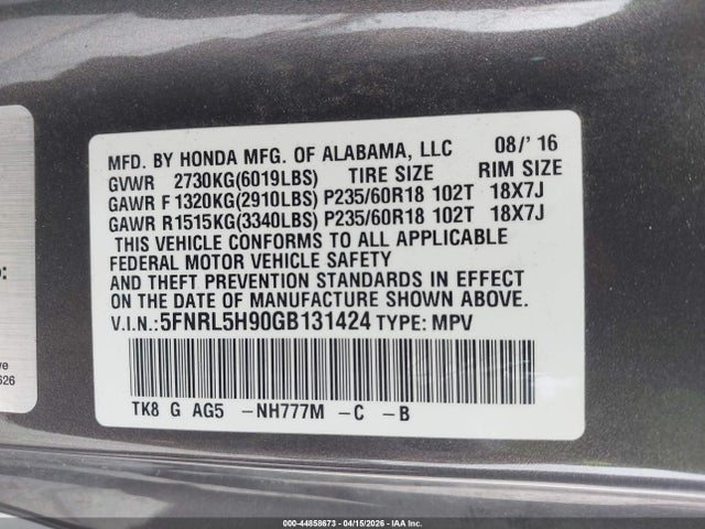 5FNRL5H90GB131424 Honda Odyssey Touring/touring Elite