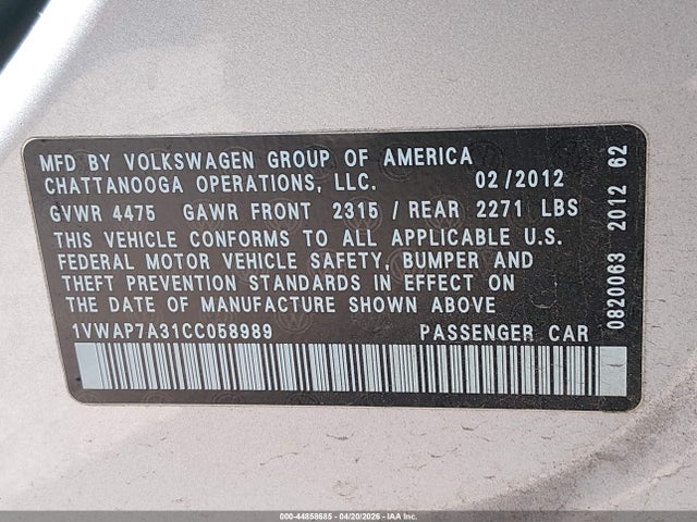 44858685 :رقم المزاد ، 1VWAP7A31CC058989 vin ، 2012 Volkswagen Passat 2.5l S مزاد بيع