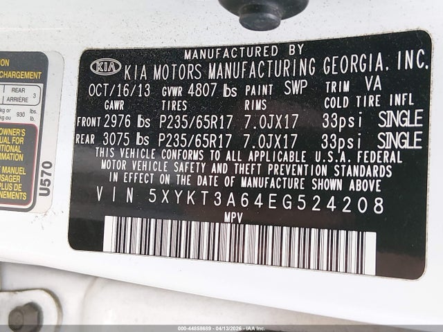 Aukcja sprzedaży 2014 Kia Sorento Lx, vin: 5XYKT3A64EG524208, numer aukcji: 44858689