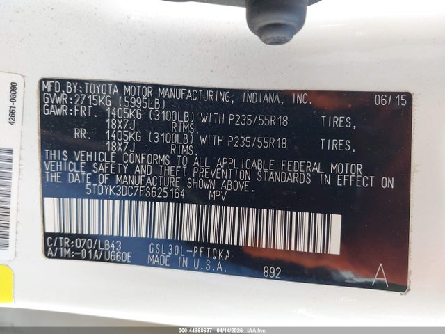 5TDYK3DC7FS625164 Toyota Sienna Limited 7 Passenger