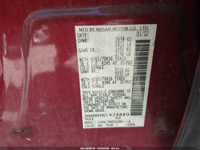 44858709 :رقم المزاد ، 1N6AD0EV4CC424889 vin ، 2012 Nissan Frontier Sv مزاد بيع