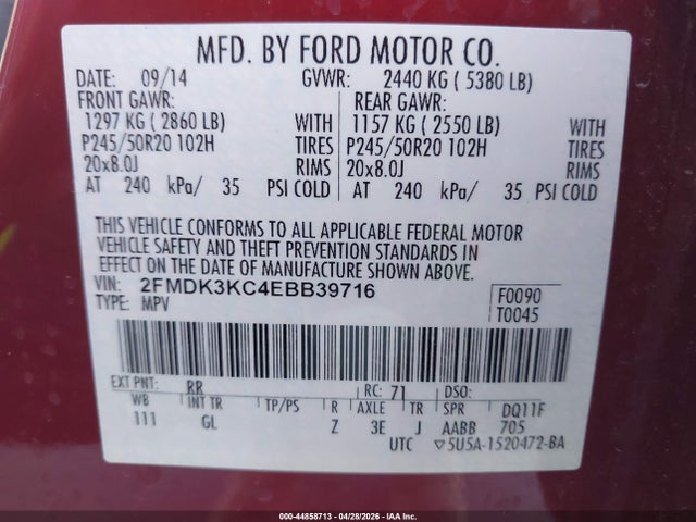 Ford Edge Limited 2014 2FMDK3KC4EBB39716 Image 9