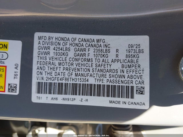 2HGFE4F86TH315354 Honda Civic Hybrid Sport/sport Touring