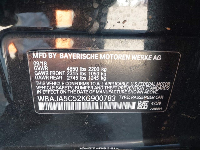 2019 Bmw 530i მანქანა იყიდება აუქციონზე, vin: WBAJA5C52KG900783, აუქციონის ნომერი: 44858732