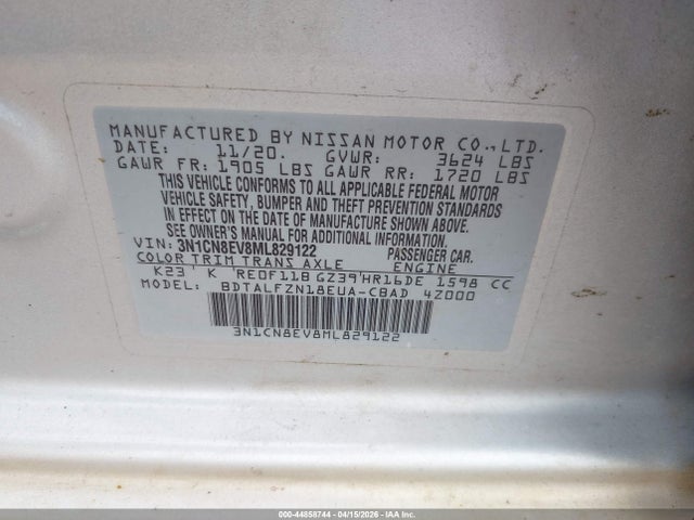 2021 Nissan Versa Sv Xtronic Cvt მანქანა იყიდება აუქციონზე, vin: 3N1CN8EV8ML829122, აუქციონის ნომერი: 44858744
