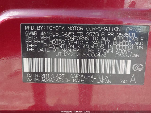 44858746 :رقم المزاد ، JTHCK262065000473 vin ، 2006 Lexus Is 250 مزاد بيع