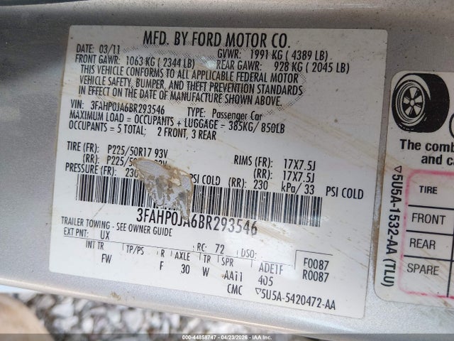 Aukcja sprzedaży 2011 Ford Fusion Sel, vin: 3FAHP0JA6BR293546, numer aukcji: 44858747
