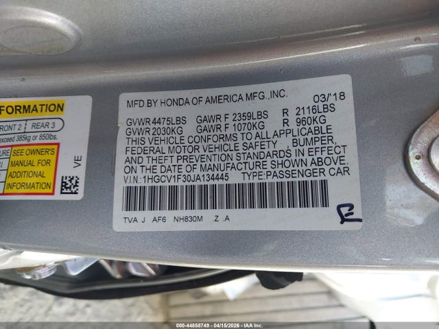 Aukcja sprzedaży 2018 Honda Accord Sport, vin: 1HGCV1F30JA134445, numer aukcji: 44858749