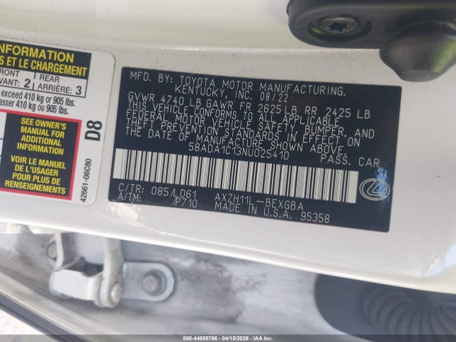 Продажа на аукционе авто 2022 Lexus Es 300h, vin: 58ADA1C13NU025410, номер лота: 44858766