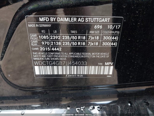 44858769 :رقم المزاد ، WDCTG4GB7JJ454033 vin ، 2018 Mercedes-benz Gla 250 4matic مزاد بيع
