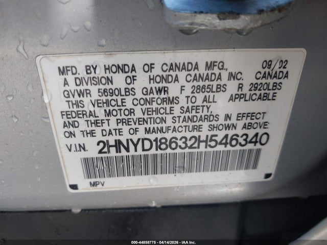 44858775 :رقم المزاد ، 2HNYD18632H546340 vin ، 2002 Acura Mdx مزاد بيع