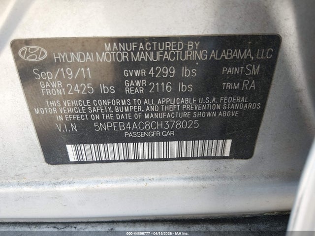 Aukcja sprzedaży 2012 Hyundai Sonata Gls, vin: 5NPEB4AC8CH378025, numer aukcji: 44858777
