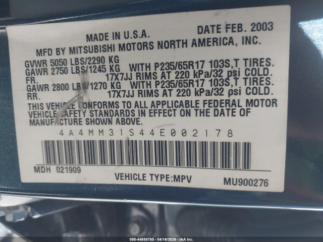 2004 MITSUBISHI ENDEAVOR 4A4MM31S44E002178 Photo 8