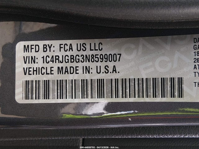 Aukcja sprzedaży 2022 Jeep Grand Cherokee Limited 4x2, vin: 1C4RJGBG3N8599007, numer aukcji: 44858793