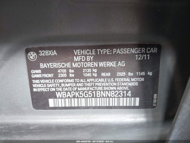 Aukcja sprzedaży 2011 Bmw 328i Xdrive, vin: WBAPK5G51BNN82314, numer aukcji: 44858795