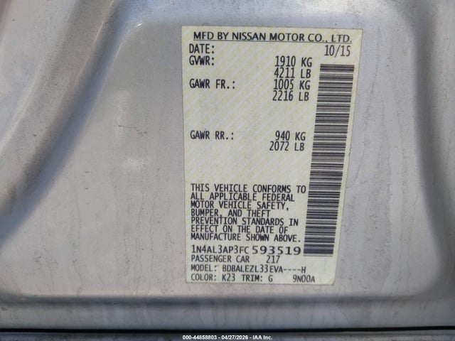 44858803 :رقم المزاد ، 1N4AL3AP3FC593519 vin ، 2015 Nissan Altima 2.5 S مزاد بيع