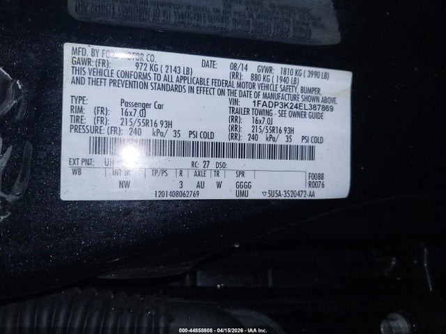 44858808 :رقم المزاد ، 1FADP3K24EL387869 vin ، 2014 Ford Focus Se مزاد بيع