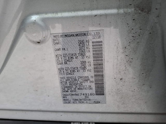 Aukcja sprzedaży 2019 Nissan Rogue Sl, vin: 5N1AT2MV9KC749180, numer aukcji: 44858810