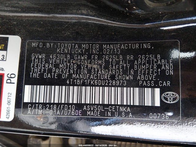 Aukcja sprzedaży 2013 Toyota Camry Le, vin: 4T1BF1FK6DU228973, numer aukcji: 44858822