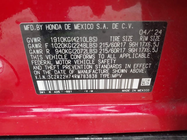 Aukcja sprzedaży 2024 Honda Hr-v Awd Ex-l/awd Ex-l W/o Bsi, vin: 3CZRZ2H74RM783838, numer aukcji: 44858829