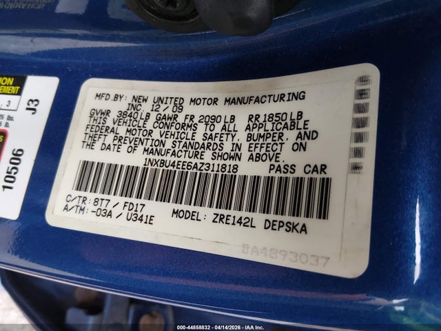 44858832 :رقم المزاد ، 1NXBU4EE6AZ311818 vin ، 2010 Toyota Corolla S مزاد بيع