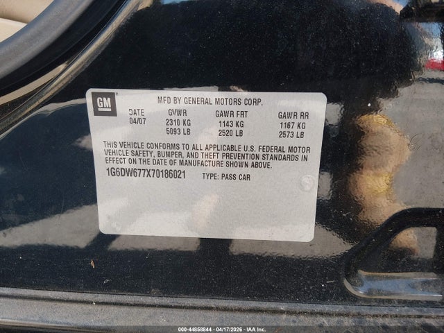 Auction sale of the 2007 Cadillac Sts V6, vin: 1G6DW677X70186021, lot number: 44858844
