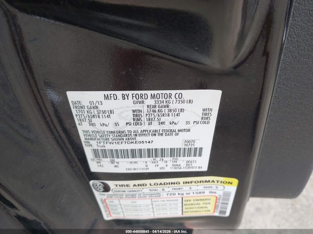 2013 Ford F-150 Xlt მანქანა იყიდება აუქციონზე, vin: 1FTFW1EF7DKE05147, აუქციონის ნომერი: 44858845