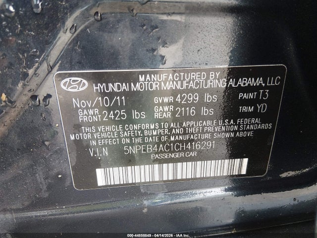 44858849 :رقم المزاد ، 5NPEB4AC1CH416291 vin ، 2012 Hyundai Sonata Gls مزاد بيع