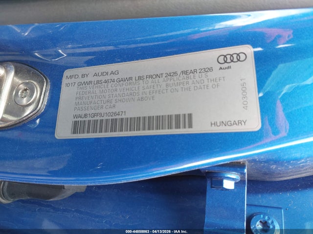 Aukcja sprzedaży 2018 Audi S3 2.0t Premium Plus/2.0t Tech Premium Plus, vin: WAUB1GFF9J1026471, numer aukcji: 44858863