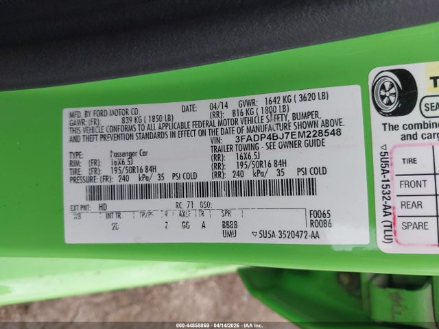 Auction sale of the 2014 Ford Fiesta Se, vin: 3FADP4BJ7EM228548, lot number: 44858869