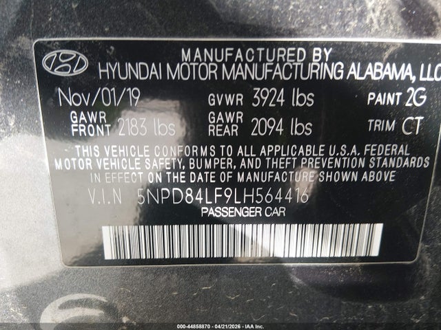 2020 Hyundai Elantra Sel მანქანა იყიდება აუქციონზე, vin: 5NPD84LF9LH564416, აუქციონის ნომერი: 44858870