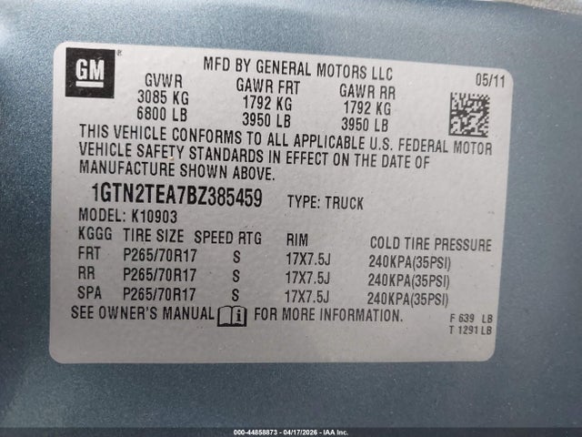 Продаж на аукціоні авто 2011 Gmc Sierra 1500 Work Truck, vin: 1GTN2TEA7BZ385459, номер лоту: 44858873