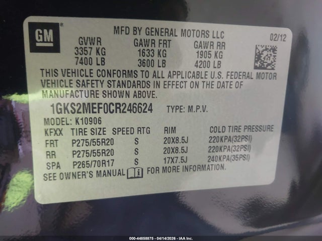 Продаж на аукціоні авто 2012 Gmc Yukon Xl 1500 Denali, vin: 1GKS2MEF0CR246624, номер лоту: 44858875