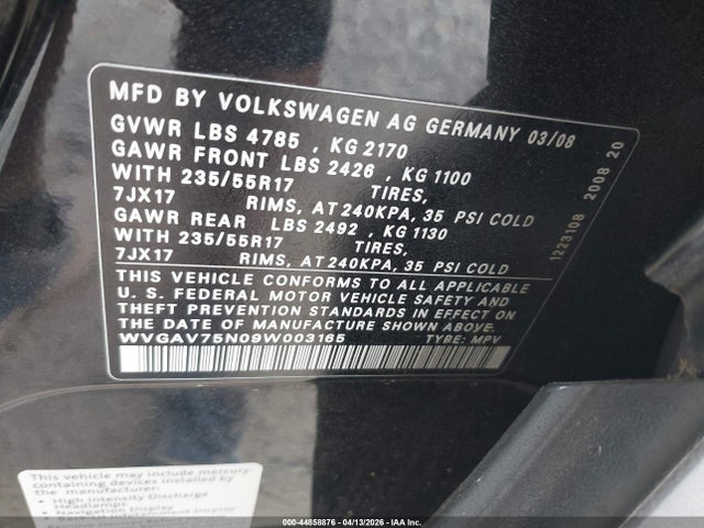 44858876 :رقم المزاد ، WVGAV75N09W003165 vin ، 2009 Volkswagen Tiguan S/se/sel مزاد بيع