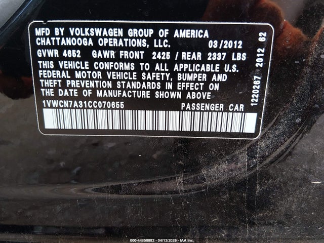 2012 Volkswagen Passat 2.0l Tdi Sel Premium მანქანა იყიდება აუქციონზე, vin: 1VWCN7A31CC070655, აუქციონის ნომერი: 44858882