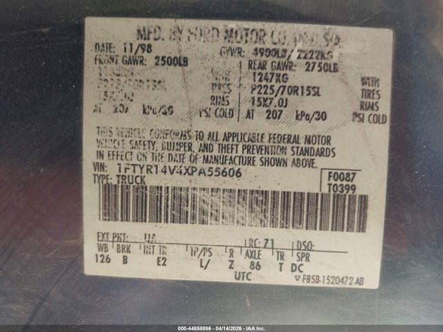 Aukcja sprzedaży 1999 Ford Ranger Xl/xlt, vin: 1FTYR14V4XPA55606, numer aukcji: 44858886
