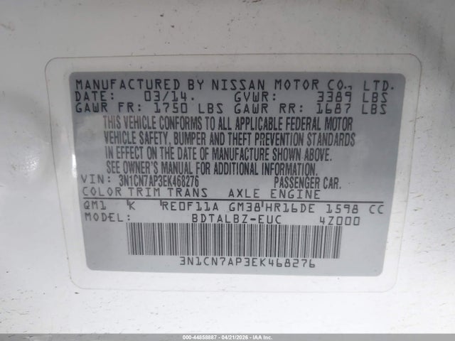 Nissan Versa 1.6 Sv 2014 3N1CN7AP3EK468276 Image 9