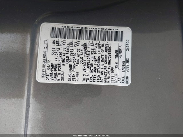 44858888 :رقم المزاد ، JN8AS1MW7CM155973 vin ، 2012 Infiniti Fx35 مزاد بيع