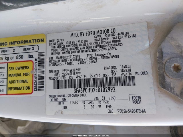Aukcja sprzedaży 2014 Ford Fusion Se, vin: 3FA6P0HD2ER102992, numer aukcji: 44858917