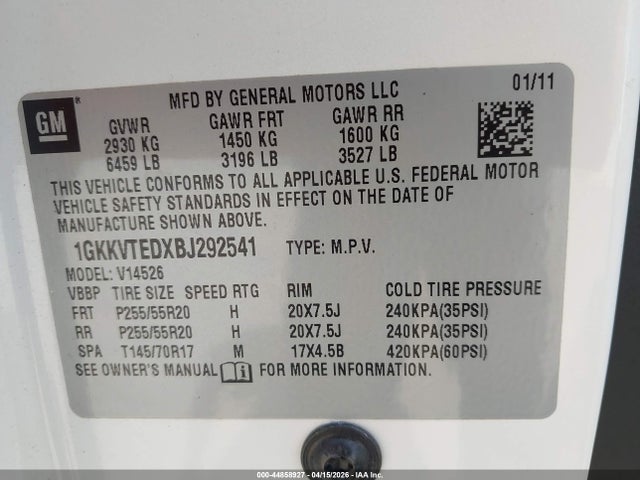 Продаж на аукціоні авто 2011 Gmc Acadia Denali, vin: 1GKKVTEDXBJ292541, номер лоту: 44858927
