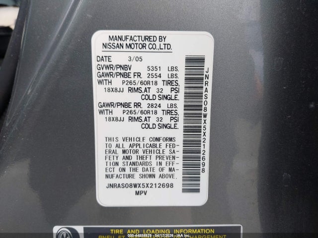 44858929 :رقم المزاد ، JNRAS08WX5X212698 vin ، 2005 Infiniti Fx35 مزاد بيع
