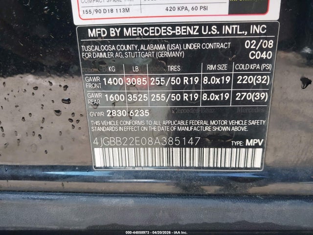 Aukcja sprzedaży 2008 Mercedes-benz Ml 320 Cdi 4matic, vin: 4JGBB22E08A385147, numer aukcji: 44858973
