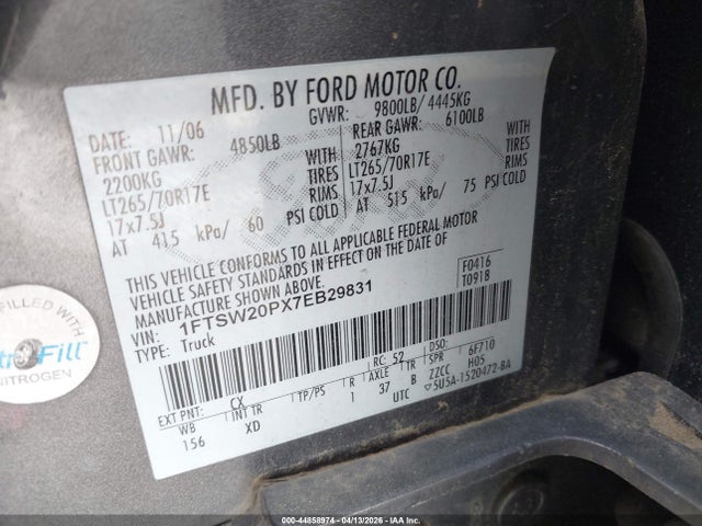 Продажа на аукционе авто 2007 Ford F-250 Lariat/xl/xlt, vin: 1FTSW20PX7EB29831, номер лота: 44858974