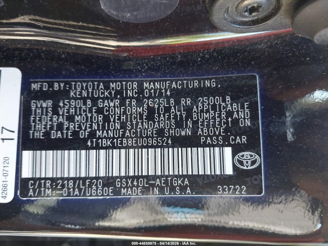 Продаж на аукціоні авто 2014 Toyota Avalon Xle Premium, vin: 4T1BK1EB8EU096524, номер лоту: 44858975