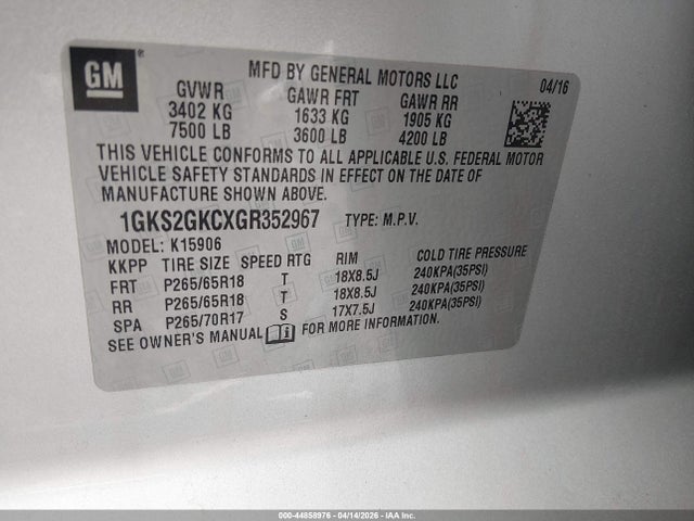 44858976 :رقم المزاد ، 1GKS2GKCXGR352967 vin ، 2016 Gmc Yukon Xl Slt مزاد بيع
