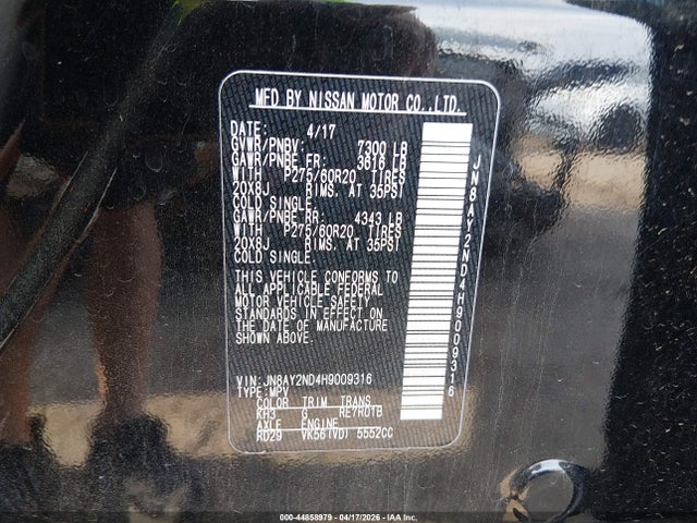 Aukcja sprzedaży 2017 Nissan Armada Sl, vin: JN8AY2ND4H9009316, numer aukcji: 44858979